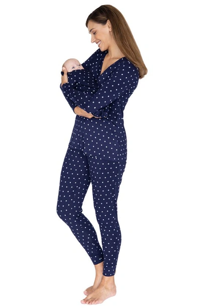 Angel Maternity Polka Dot Maternity/nursing Pyjamas & Baby Pouch Set In Navy