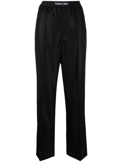 Tom Ford Logo-waist Velvet Straight-leg Trousers In Black