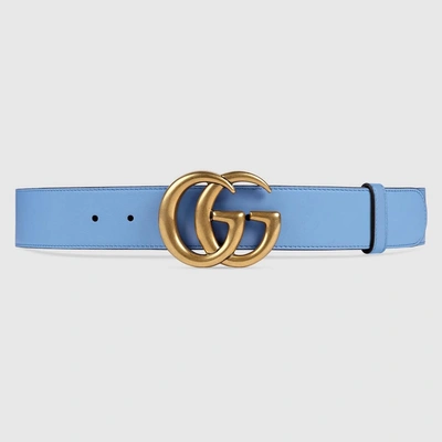 Gucci Leather Belt With Double G Buckle - Light Blue Leather