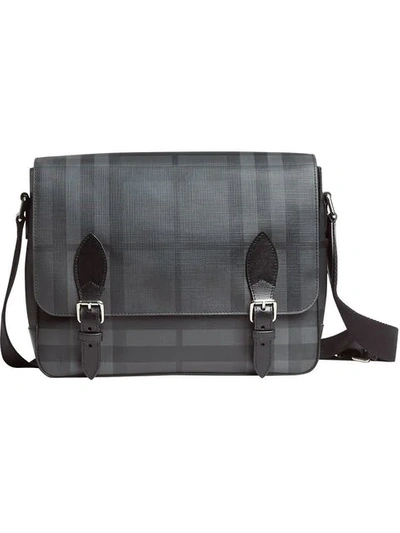 Burberry Medium Leather Trim London Check Messenger Bag In Charcoal/black