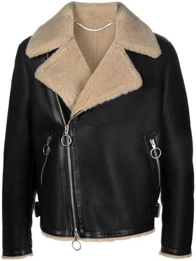 Off-white Black Shearling-trim Leather Jacket In Black,beige