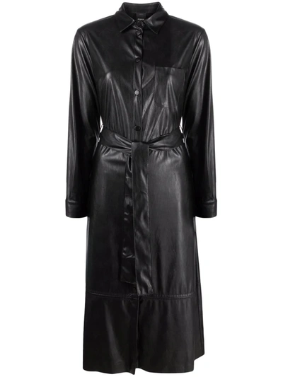 Pinko Long Chemisier Leatheret Dress With Belt In Black