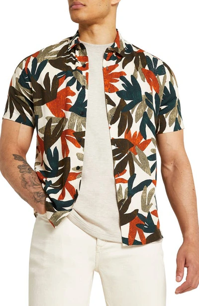 River Island Short Sleeve Leaf Print Shirt In Stone-neutral