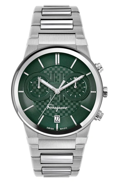 Ferragamo Sapphire Chrono Stainless Steel Bracelet Watch In Silver/green