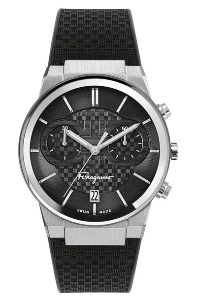 Ferragamo Sapphire Chrono Silvertone Stainless Steel Silicone Strap Watch In Black