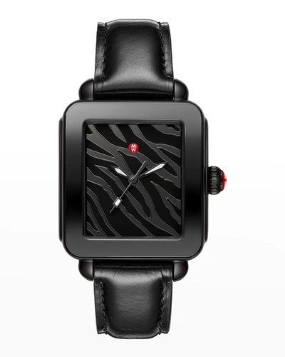 Michele Deco Sport Noir Stainless Steel & Leather Strap Watch In Black Zebra/black