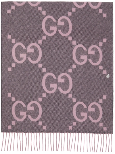 Gucci Grey & Pink Cashmere Jacquard Gg Scarf In Graphite/pink
