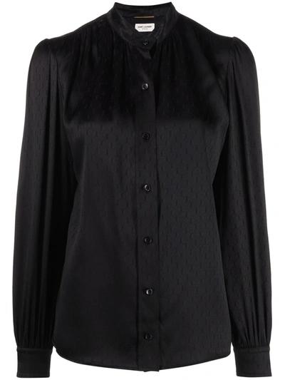 Saint Laurent Monogram Jacquard Silk Blouse In Black