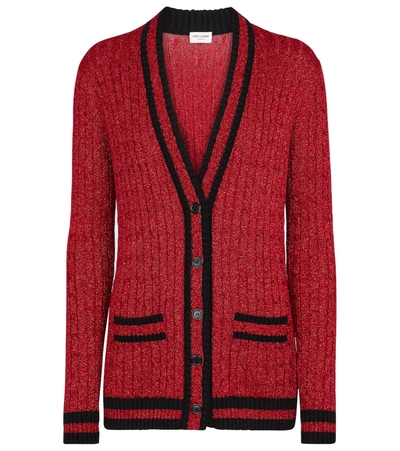 Saint Laurent Long Knit College Cardigan Rouge Brillant And Black In Red