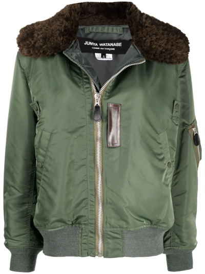 Junya Watanabe X Versace Faux Fur Collar Scarf Print Back Bomber Jacket In Green