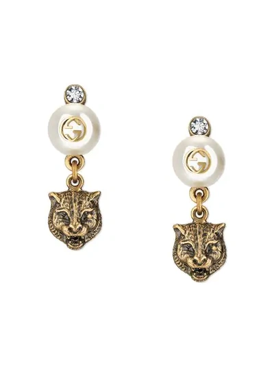 Gucci Feline Earrings With Resin Pearls In Metallic ,white