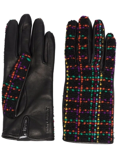 Saint Laurent Leather Checked Tweed Gloves In Black