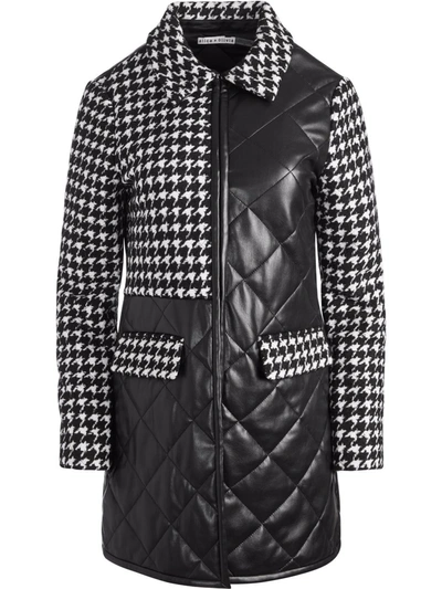 Alice And Olivia Susan Quilted Houndstooth & Faux Leather Peacoat In Black White