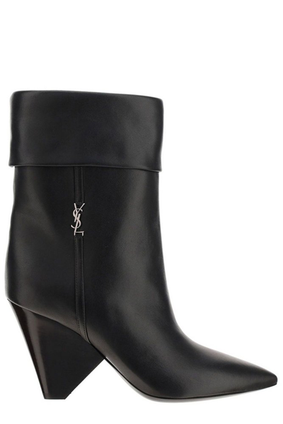 Saint Laurent Niki 85 Ysl-logo Leather Ankle Boots In Nero