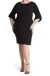 Connected Apparel Gathered Bell Sleeve Faux Wrap Dress In Black