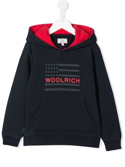 Woolrich Teen Logo Flag Hoodie In Blue