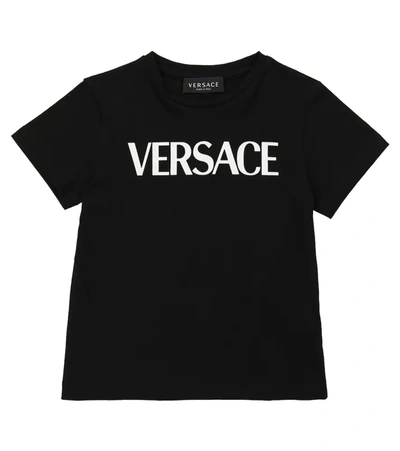 Versace Black T-shirt With Multicolor Print And Logo Kids In 黑色