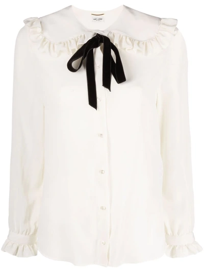 Saint Laurent Bow Neck Tie Ruffled Lapel Silk Blouse In White