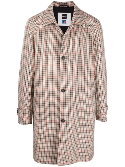 Hugo Boss X Russell Athletic Single-breasted Houndstooth Motif Coat In Medium Beige