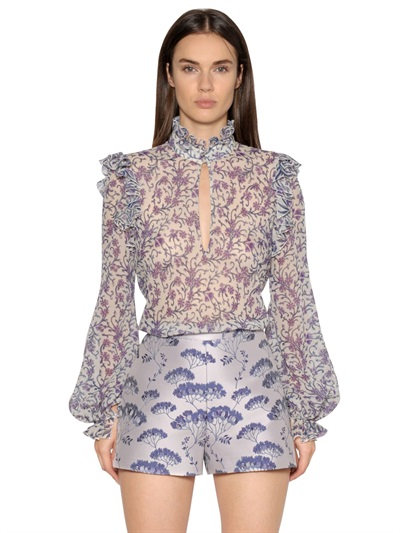 Giambattista Valli Floral Ruffled Silk Georgette Shirt, White/purple ...