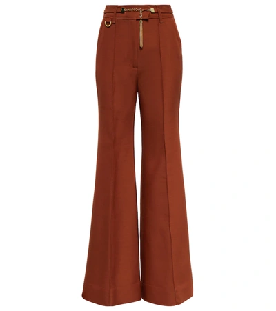 Zimmermann Tempo High Waist Flare Wide Leg Wool Blend Pants In Brown