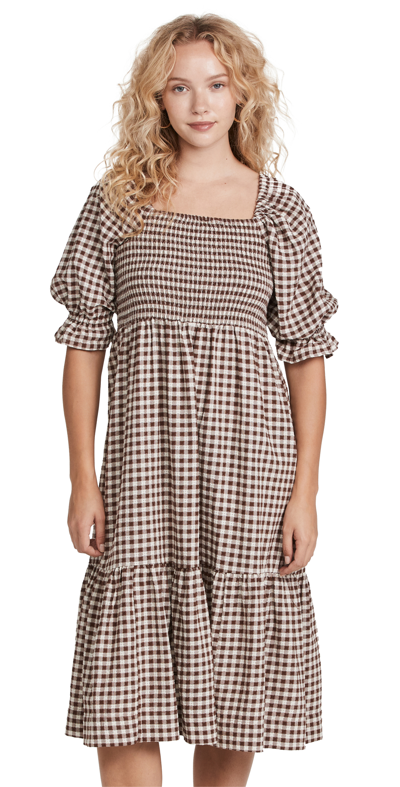 Madewell Lucie Gingham Elbow Sleeve Smocked Midi Dress In Wy7655
