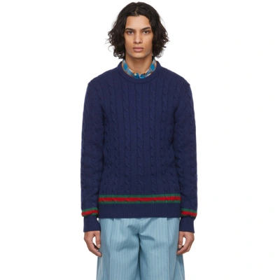 Gucci Striped Cable-knit Cashmere Sweater In Navy