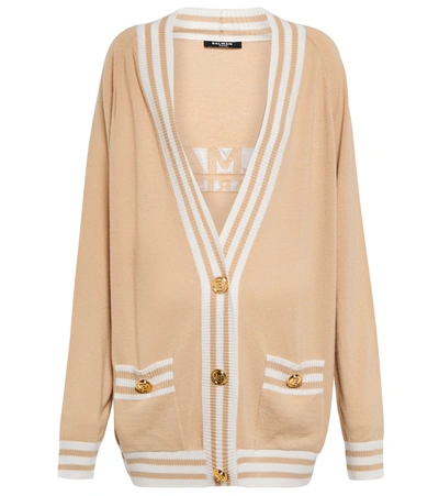 Balmain Logo-embroidered Wool And Cashmere-blend Cardigan In Nude & Neutrals