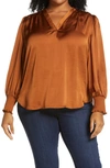 Vince Camuto Smocked Long Sleeve V-neck Blouse In Rich Toffee