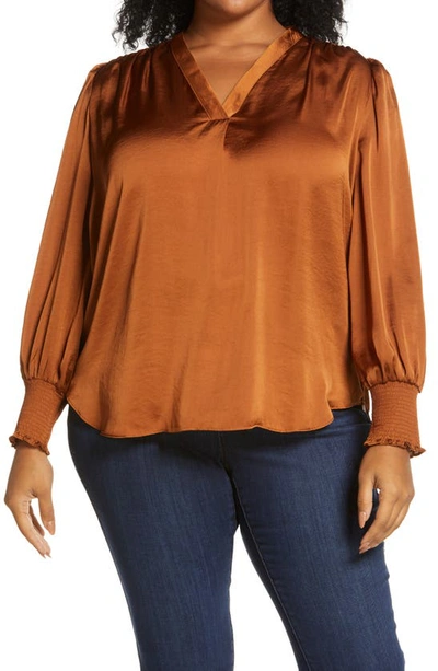 Vince Camuto Smocked Long Sleeve V-neck Blouse In Rich Toffee