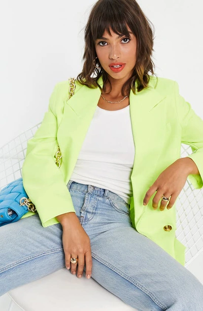 Topshop Double Breasted Bold Shoulder Blazer In Neon Yellow