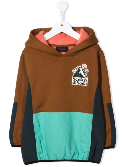 Scotch & Soda Teen Appliqué-logo Colour-block Hoodie In Brown