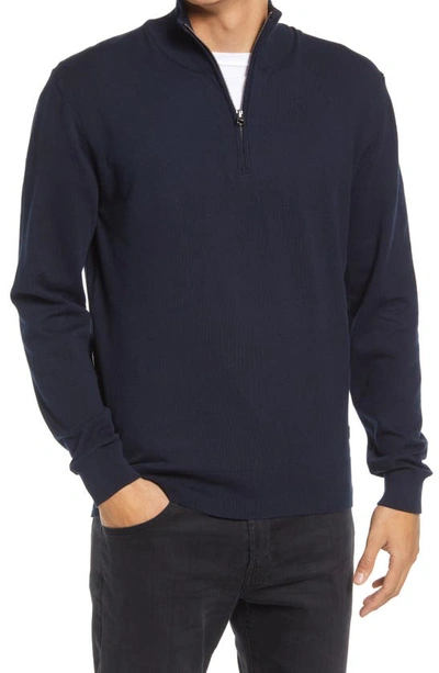 French Connection Stretch Cotton Quarter Zip Sweater In Marine Blue
