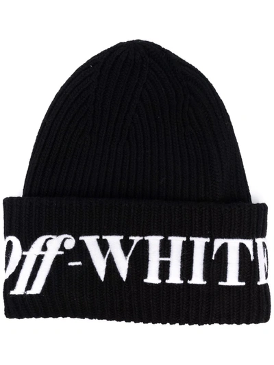 Off-white Embroidered Logo Ribbed Beanie In Black,white