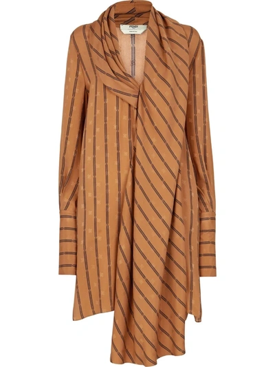 Fendi Karligraphy Striped Silk Dress In Brown