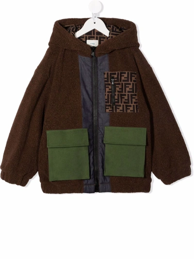 Fendi Kids' Hooded Shearling Patchwork Jacket In Brown
