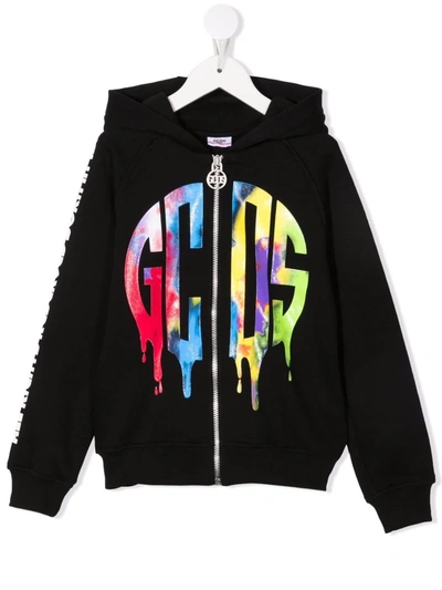 Gcds Teen Logo-print Zip-up Hoodie In Black