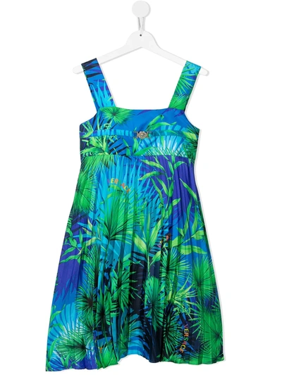 Versace Kids' Graphic-print Pleated Silk Dress In Blue