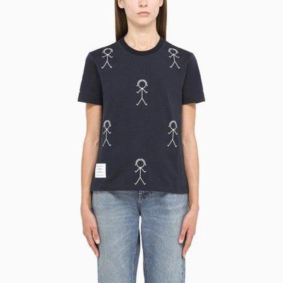 Thom Browne Navy Printed Cotton T-shirt In Blue