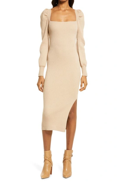 Charles Henry Square Neck Tie Back Puff Long Sleeve Jumper Dress In Sand