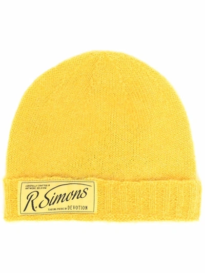 Raf Simons Logo-patch Knitted Beanie In Yellow