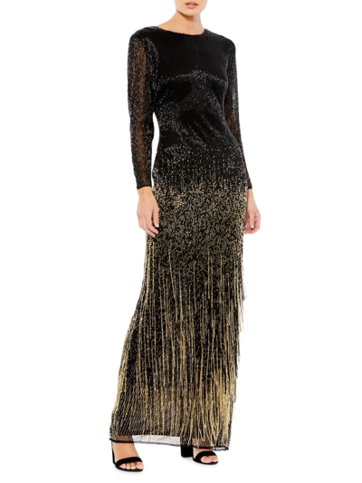 Mac Duggal Long Sleeve Beaded Fringe Evening Gown In Gold