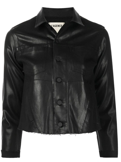 L Agence Janelle Glittered Coated Denim Jacket In Saturated Black