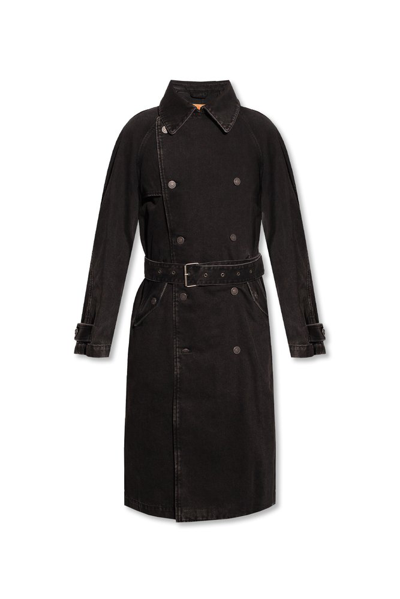 Diesel Black Cotton Double-breasted Denim Trench Coat In Nero