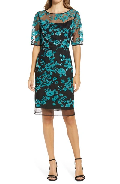 Shani Novelty Embroidery Illusion Neckline Dress In Black Teal