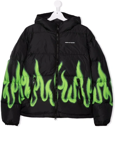 Vision Of Super Teen Flames Print Padded Jacket In Black