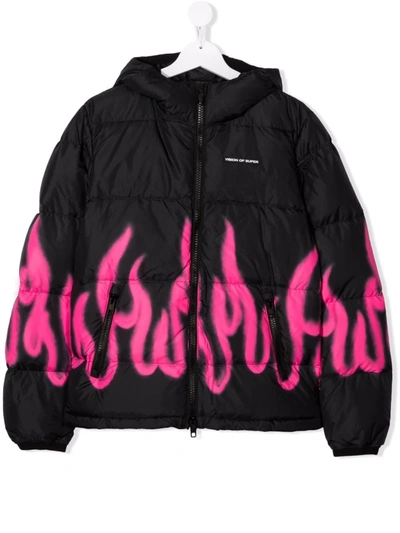 Vision Of Super Teen Flame-print Hooded Down Jacket In 黑色