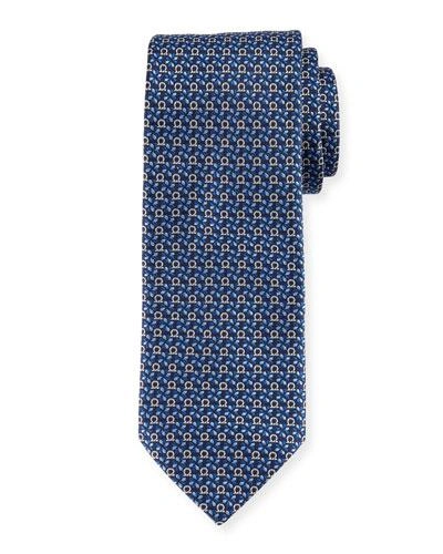 Ferragamo Geometric Gancini & Floral Print Silk Tie In Marine Blue