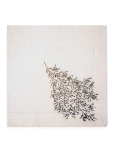 Nomi K Embroidered Leaves Linen Napkin Set Of 4 In Silver