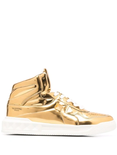 Valentino Garavani Men's Roman Stud Metallic High-top Sneakers In Brass